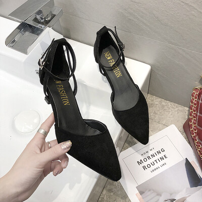 

Spring 2019 new one-word buckle with French girls high heels with Joker net red&black retro shoes women