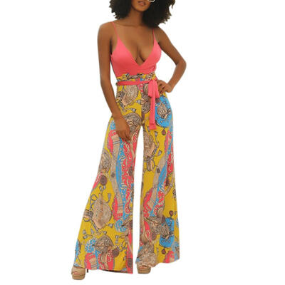 

Women Casual Off Shoulder Floral Print Jumpsuit Sexy V Neck Wide Leg Pants