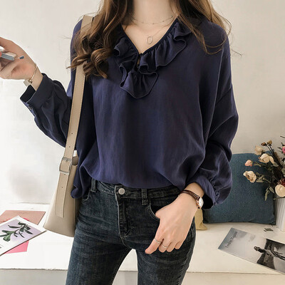 

Women V-neck Ruffle Long Sleeve T Shirt Ladies Loose Solid Casual Blouse Top