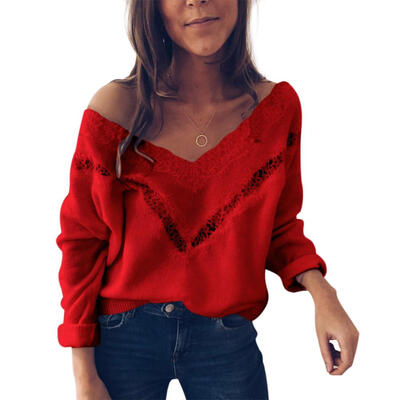 

Sexy Women T-shirts Long Sleeve Hollow Out Lace Loose Elegant Autumn Tops