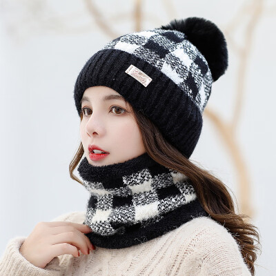 

Hat womens winter wool hat plus velvet knitted hat warm ear guard neck set two-piece set of wool ball hat cute hat