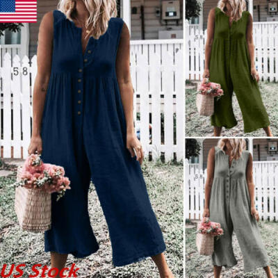 

Womens Casual Loose Linen Cotton Jumpsuit Dungarees Playsuit Trousers Overalls