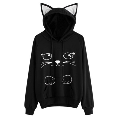 

Hoodies Sweatshirt Womens Fashion Autumn Lovely Cat Printed Long Sleeve Sweatshirt Hooded Pullover Tops sudadera mujer