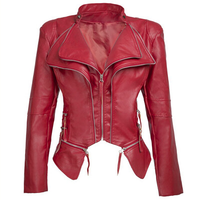 

Women Ladies Solid Color Tops Jacket Lapel Faux Leather Long Sleeve Zipper Coat