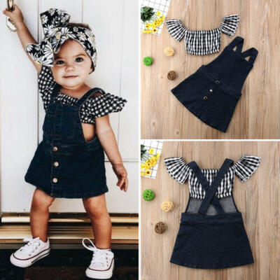 

US Toddler Kids Baby Girl Plaid Tops CropDenim Suspender Skirt Overalls Outfits