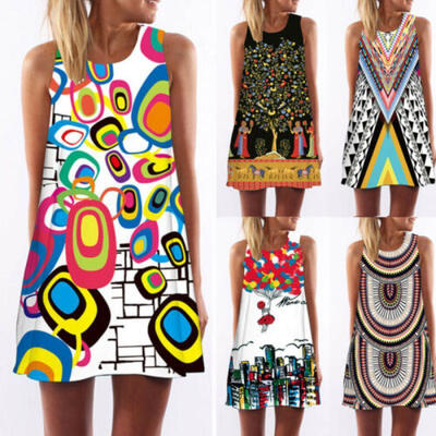 

Women Boho Floral Printed Sleeveless Ladies Summer Beach Casual Loose Mini Dress