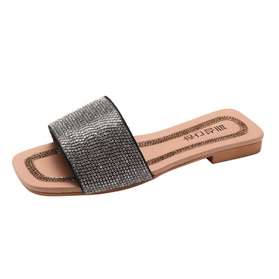 

Rose Womens Fashion Casual Square Toe Crystal Outdoor Flat Slippers Ladies Shoes