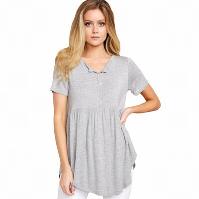 

Solid color V-neck short-sleeved button hem loose casual top