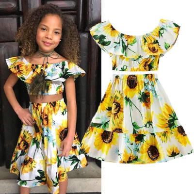 

Girl Off Shoulder Crop Tops Skirt Clothes 2Pcs New Kids Baby Sunflower Outfits Set Toddler