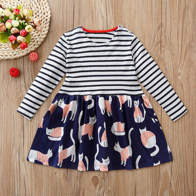 

Children Kids Girls Long Sleeved Stripe Cartoon Cat Print Dress Clothes