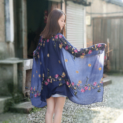 

Embroidered linen flowers Nibel cotton&linen scarf air conditioning sunscreen dual-use spring&summer silk scarf female national wind shawl