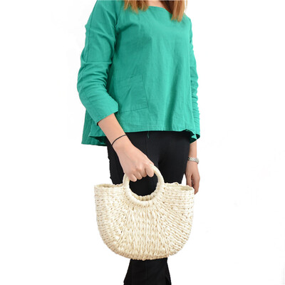 

Summer Handmade Bags Women Pompon Beach Weaving Ladies Straw Bag Wrapped Beach Bag Moon Shaped Bag Drawstring Handbag