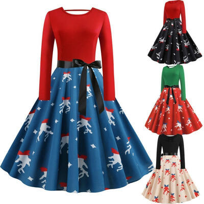 

Xmas Dresses Women Vintage Plus Size Elk Reindeer Print Christmas O-Neck Party Prom Dress Winter Long Sleeve Clothing for Lady