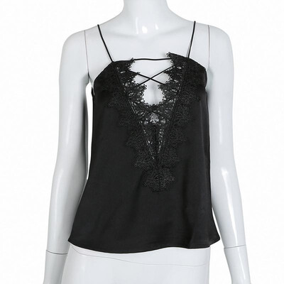 

Women Sexy Cami Tank Top Strap V-Neck Hollow Out Lace Up Nightclub Party Vest Top BlackWhite