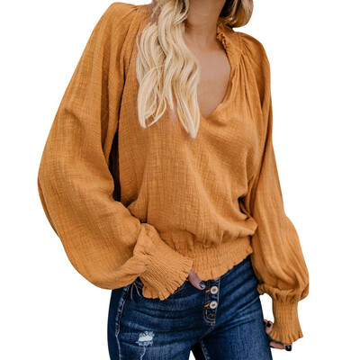 

Nomeni Womens Daily Cotton Linen Solid Long Sleeve Loose V Neck Tops Casual Blouse