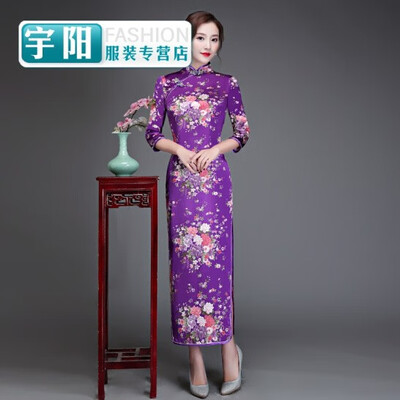 

Silk sleeves long cheongsam slim performance catwalk welcome ceremonial cheongsam dress large size retro