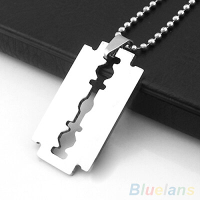 

Mens Stainless Steel Razor Blade Pendant Silver Color Beaded Ball Chain Necklace