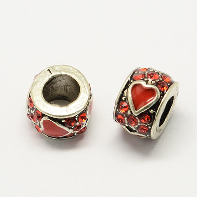 

Alloy Rhinestone Enamel Style European Beads Rondelle Large Hole Beads Antique Silver Red 10x7mm Hole 5mm