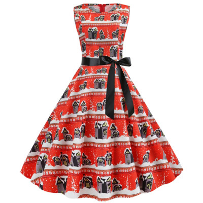 

Tailored Womens Vintage Christmas Printed Dress Ladies Sleeveless Dress Xmas Dress