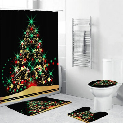 

Gobestart 4Pcs Christmas shower Curtain Bathroom Anti-slip Carpet Rug Toilet Cover Mat Set