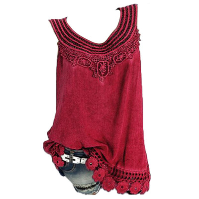 

Nomeni Women O-Neck Sleeveless Pure color Lace Plus Size Vest Tops Loose T-Shirt Blouse