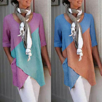 

UK Women Half Sleeve Round Neck Color Matching Loose T-shirt Irregular Hem Tops