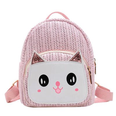 

Cartoon Cat Travel Backpacks Kids Girls Rucksack Straw Woven School Bags