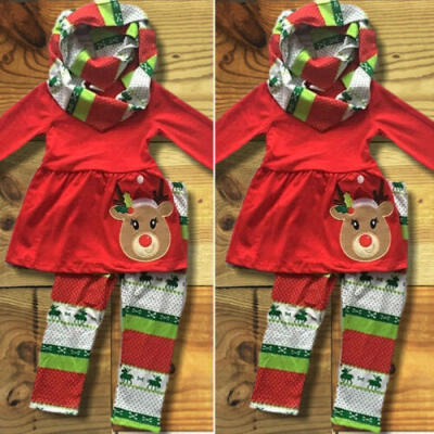 

US Christmas Kids Baby Girl Outfit Clothes T-shirt Long Tops DressLeggings Set