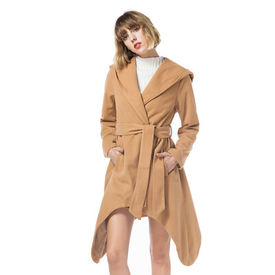 

Toponeto Women Fashion Winter Hooded Belt Long Sleeve Hem Irregular Coat