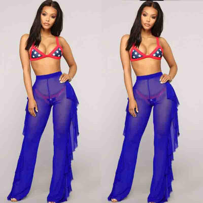 

Women Lace See Through High Waist Flared Trouser Beach Summer Holiday Mesh Pants