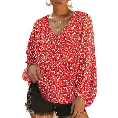 

V Neck Flare Sleeve Women Blouse Floral Print Casual Loose Tops Streetwear