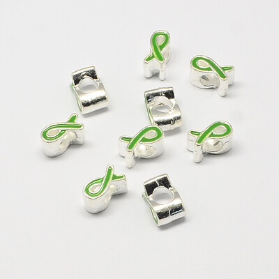 

Alloy Enamel Awareness Ribbon Large Hole European Beads Silver LimeGreen 11x6x8mm Hole 5mm