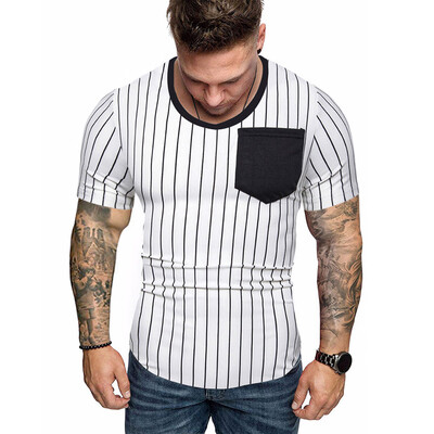 

Toponeto Mens Striped Splicing Pattern Casual Fashion Lapel Short Sleeve Shirt