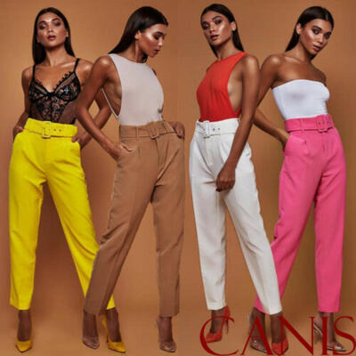 

Women Tie Belt Fit Skinny Pants High Waist OL Ladies Career Long Trousers New
