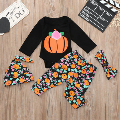 

4Pcs Toddler Infant Baby Girls Boys Letter Pumpkins Romper Halloween Outfits Set