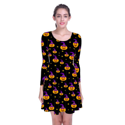 

AKlamater Womens Funny Spider Web Pumpkin Ghost Skull Print Dress Halloween Long Sleeve Dress