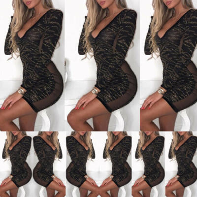 

Womens Sexy Bodycon Long Sleeve V Neck Evening Party Cocktail Club Mini Dress