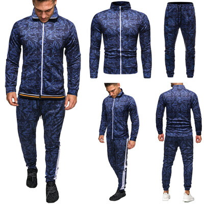 

Toponeto Mens Autumn Printed Zipper Sweatshirt Top Pants Sets Sports Suit Tracksuit