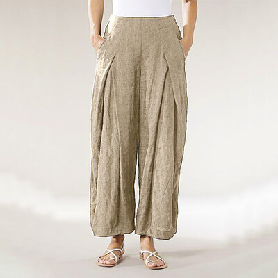 

Plus Size Women Pure Color Tightness Wide Leg Pants Pocket Easy Trousers