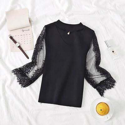 

Women V-Neck Hollow T-Shirts Knitted Slim Top Lace Stitching Half Sleeeve Casual Tops