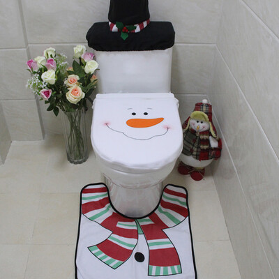

3 PCS Set Christmas Xmas Decoration Santa Toilet Seat & Cover & Rug Bathroom Mat