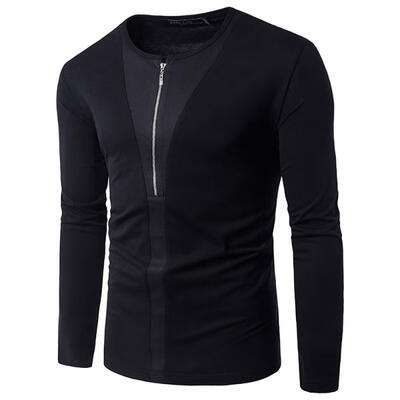 

Fashion Half Zipper Long Sleeve Mens T-Shirt Casual Cotton Round Neck Male Tee Tops