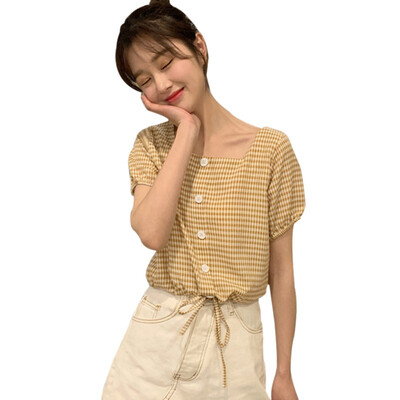 

Summer Cute Girl Blouse Plaid Yellow Square Neck Puff Sleeve Shirt Women Top Chemise Femme Chemisier Blusa Mujer Camisa