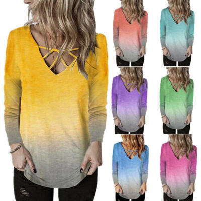 

2019 Women V Neck Casual Loose Long Sleeve Blouse T Shirt Top Fashion -3XL