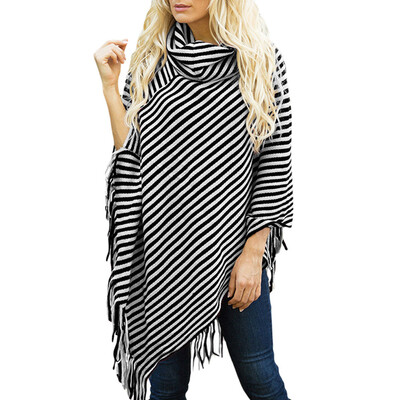 

Toponeto Women Diagonal Striped High Collar Fringed Cloak Sweater Shawl