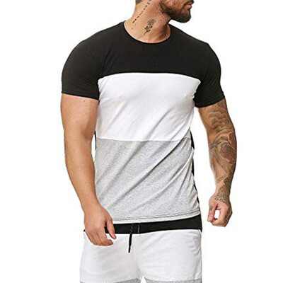 

Toponeto Mens Splicing Striped Pattern Casual Fashion Lapel Short Sleeve Shirt