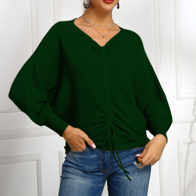 

Gobestart Women Office Lady Pullover Knitted Solid Color Long Sleeve V-Neck Sweater