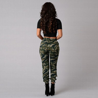 

Fashion Women Long Pants Camouflage Print Elastic Waist Casual Camo Trousers Green