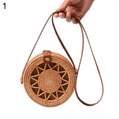 

Vintage Round Hollow Woven Rattan Shoulder Bag Buckle Women Crossbody Pouch