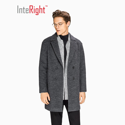 

INTERIGHT mens classic Korean version of the double row long woolen coat deep gray ash